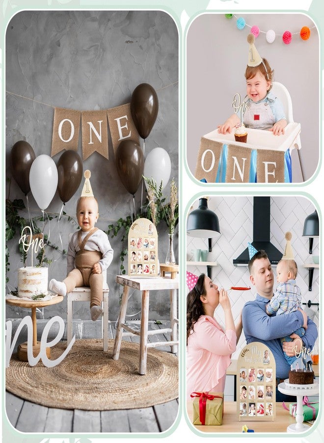 DoubleFill لوحة صور "عامي الأول" مكونة من 4 قطع، تتسع لصور مقاس 2 × 3 بوصة، لوحة عرض خشبية لعيد الميلاد الأول، إطار صور لمراحل عمر الطفل 12 شهرًا، لافتة كرسي مرتفع، قبعة مخروطية، زينة كعكة، هدية عيد ميلاد عام واحد للمولود الجديد - Image 4